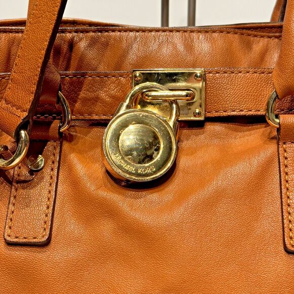 Michael Kors Hamilton Chain and Lock Brown Leather Satchel Bag Purse (no key) - Picture 5 of 14